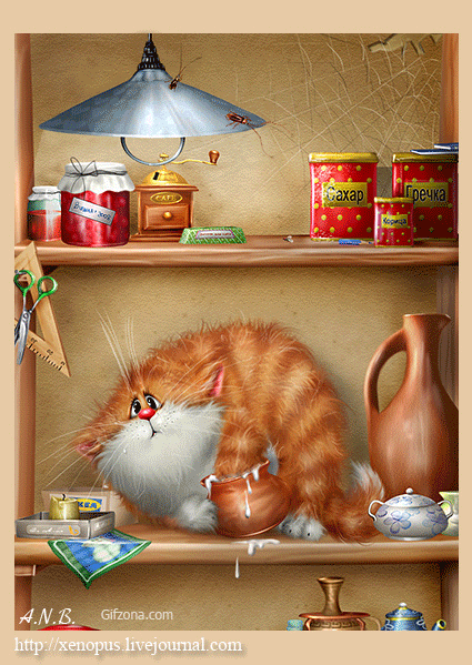 Прикольная анимация, Толстая кошка в холодильнике